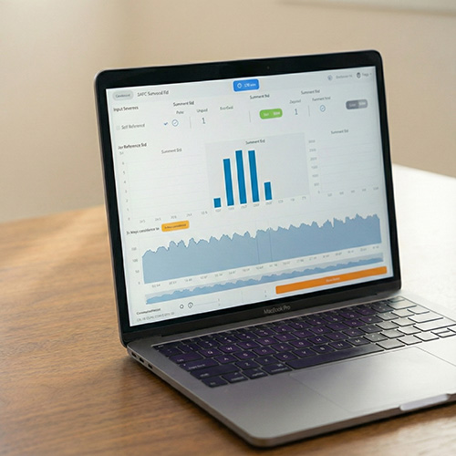 Laptop auf einem Holztisch mit geöffnetem Dashboard und Diagrammen zur Auswertung