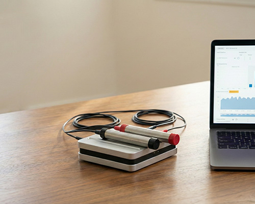 HRV-Messgerät mit Handelektroden neben einem Laptop mit Auswertungsdiagrammen